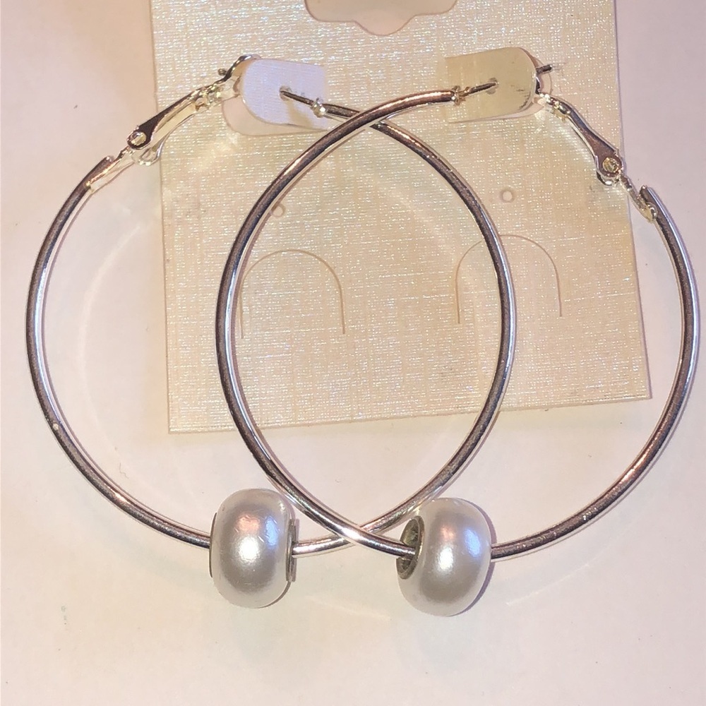 Silver Tone Boho Hoop Earrings with Faux Pearl Accents